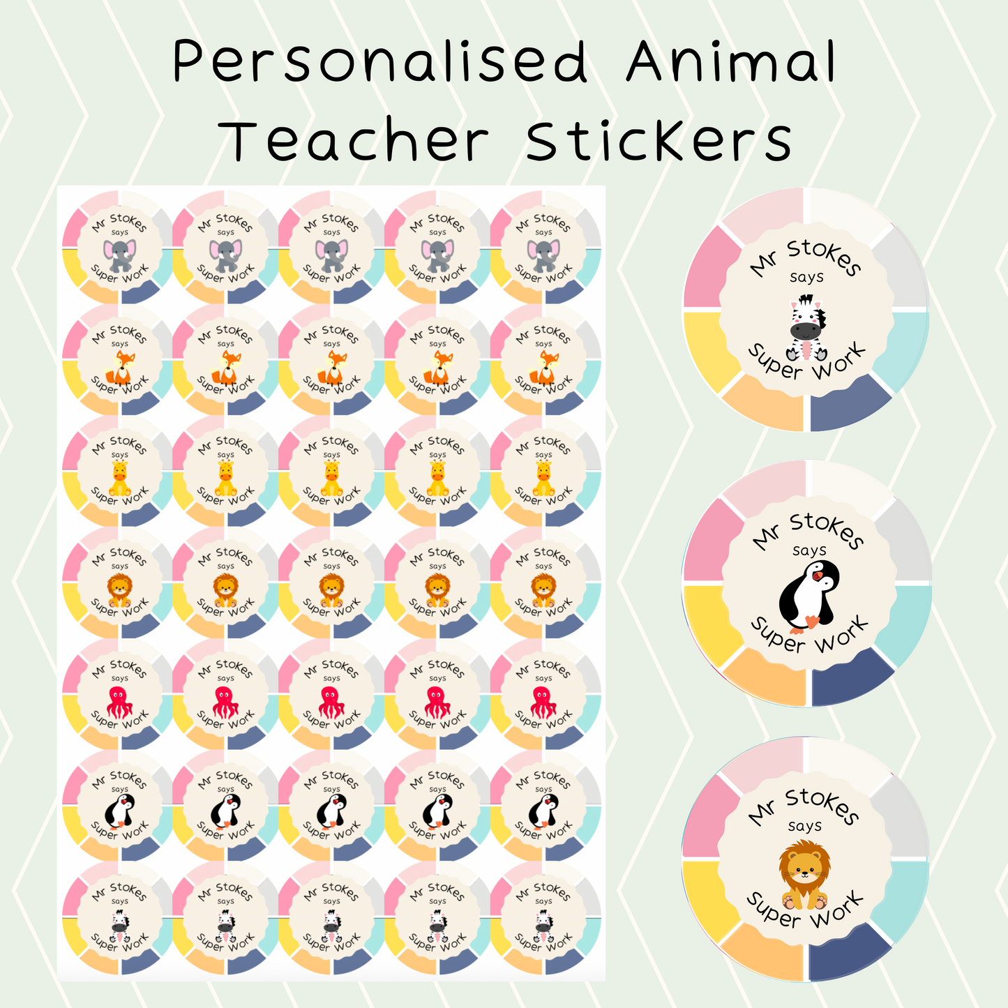Personalised Rainbow Animal Teacher Stickers