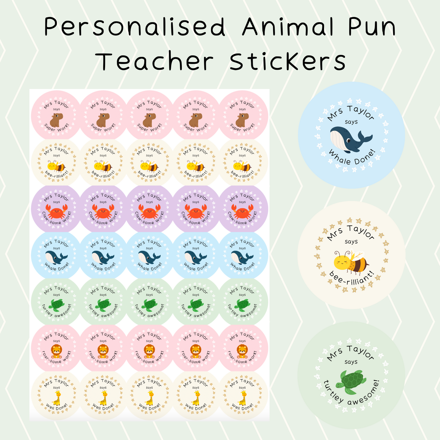 Personalised Animal Pun Teacher Stickers