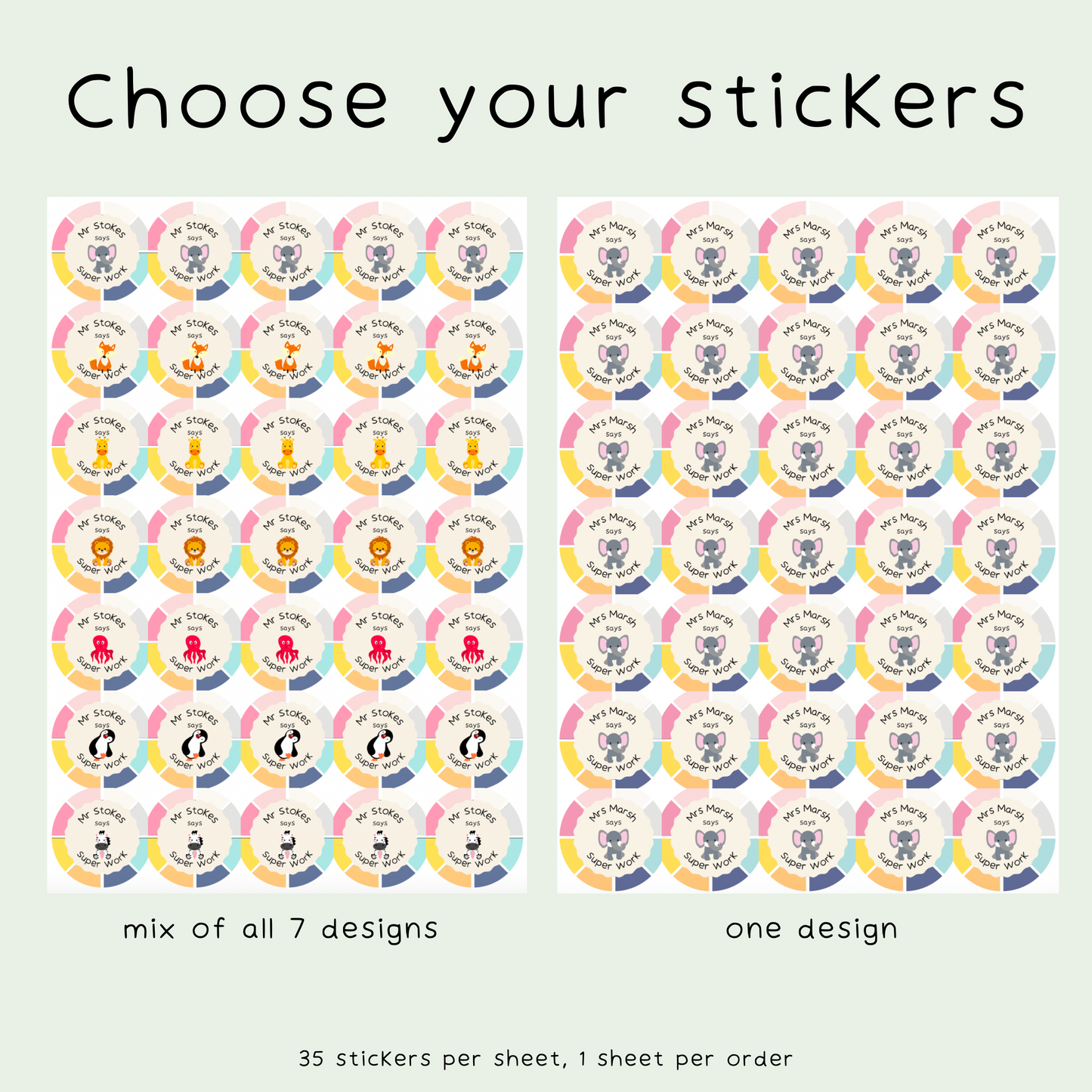 Personalised Rainbow Animal Teacher Stickers