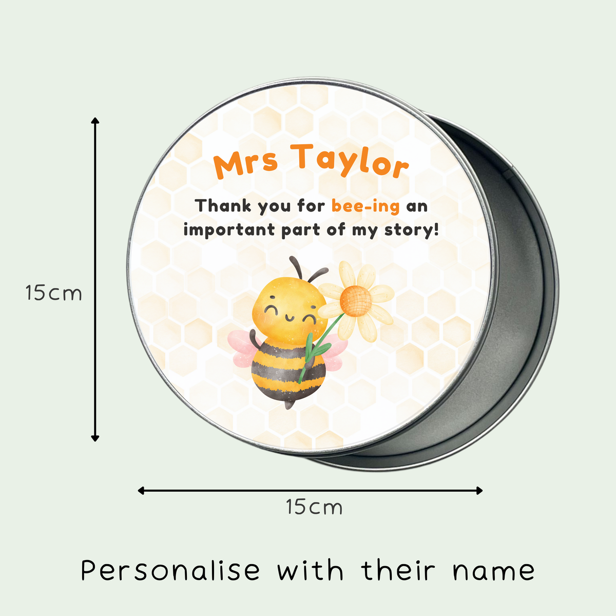 Personalised teacher thank you gift tin with bee design