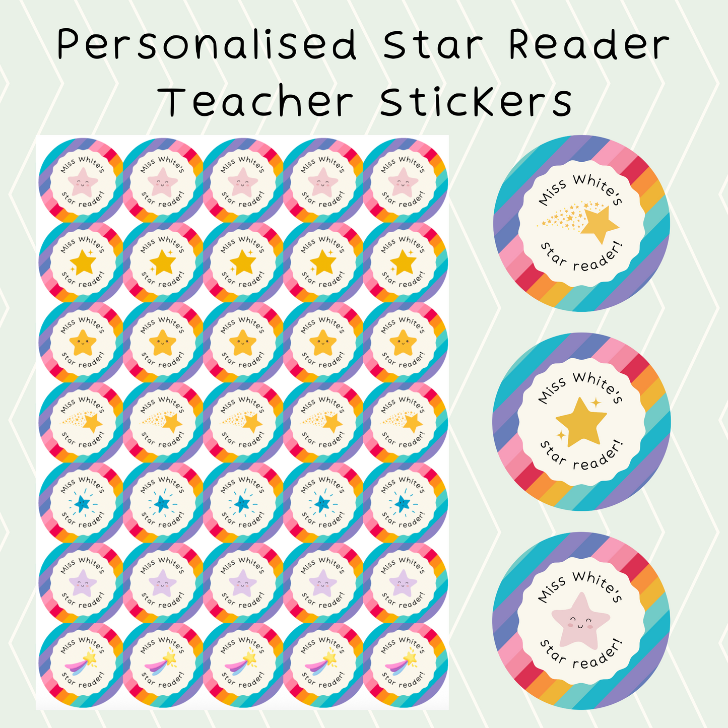 Personalised Rainbow Star Reader Teacher Stickers