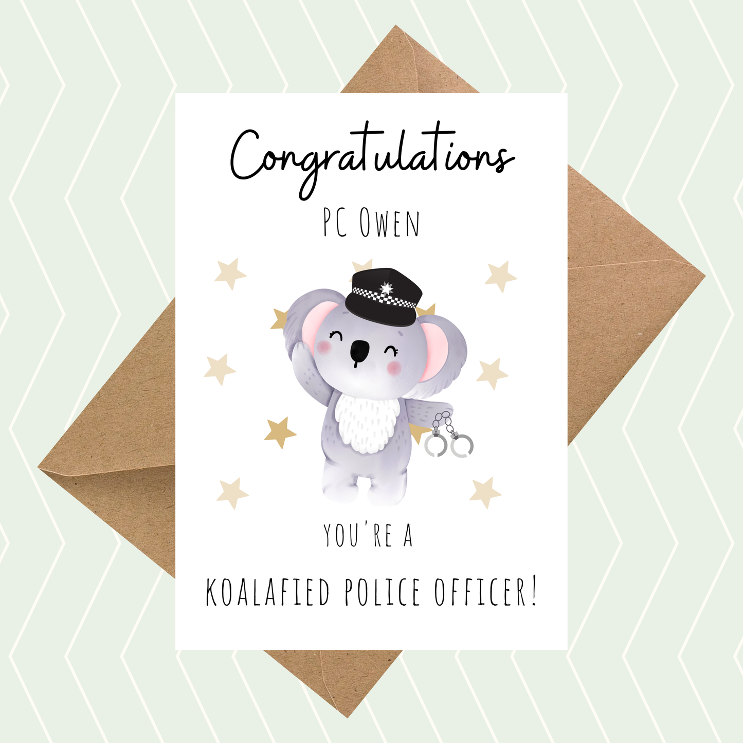 Personalised congratulations card featuring a cute koala police officer and Koalified Police Officer wording