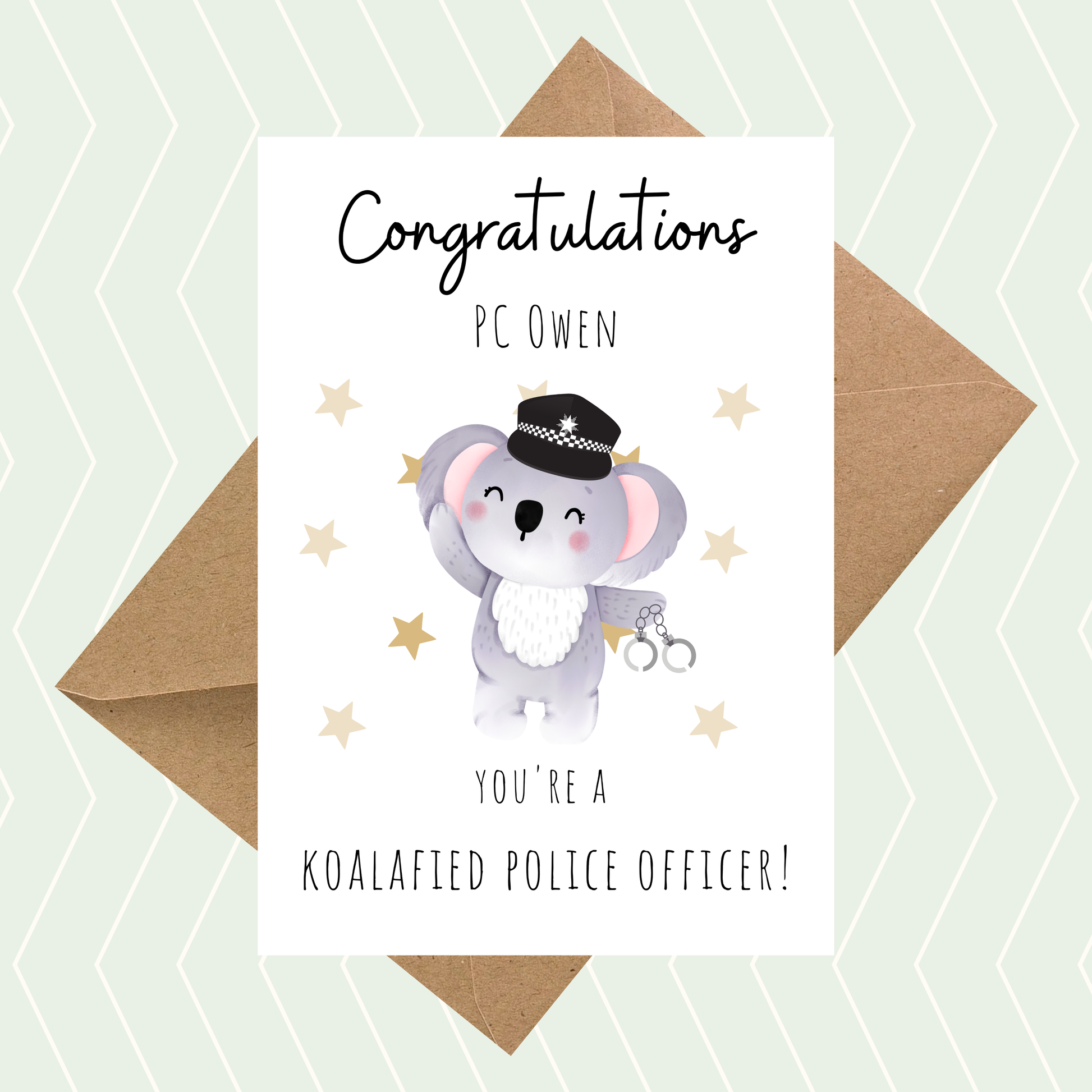 Personalised congratulations card featuring a cute koala police officer and Koalified Police Officer wording