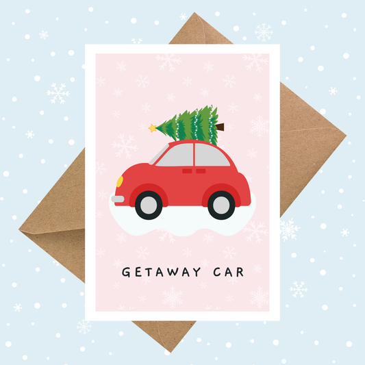 Getaway Car Christmas card featuring a red car with Christmas tree and festive snowflakes