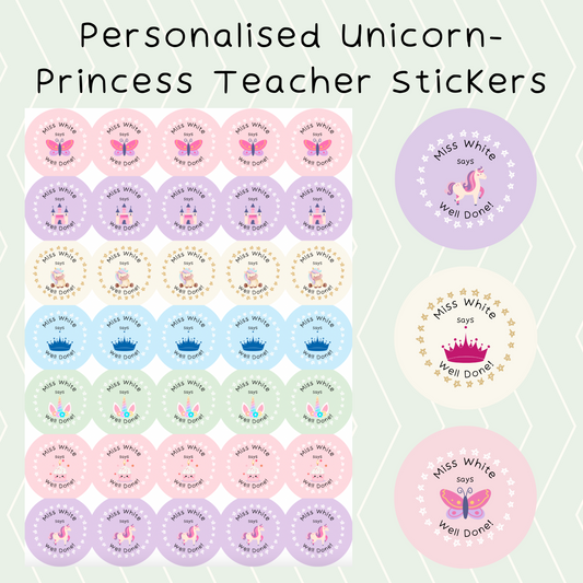 Personalised Unicorn-Princess Teacher Stickers