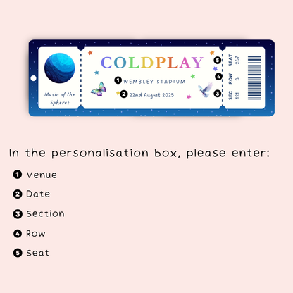 Personalised Coldplay Tour Ticket Bookmark
