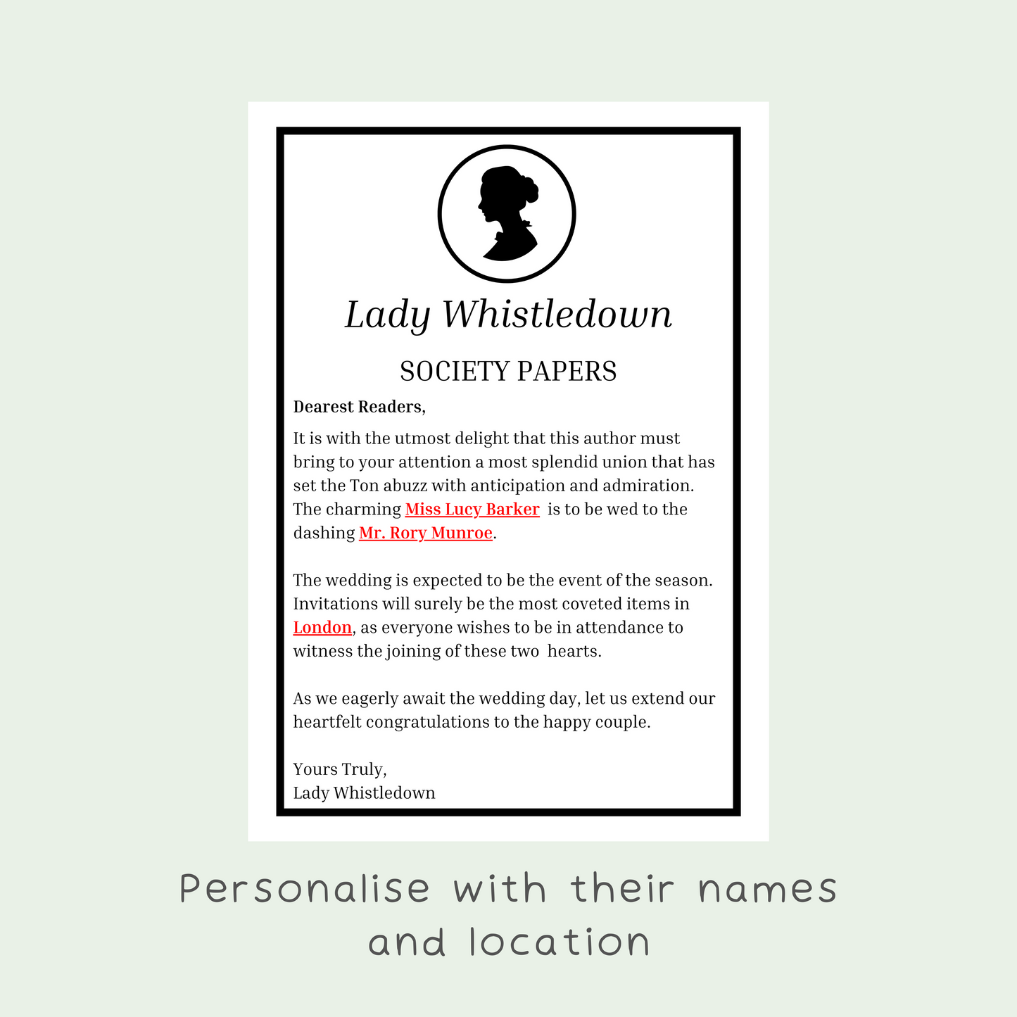 Personalised Lady Whistledown Society Papers Wedding Announcement Card