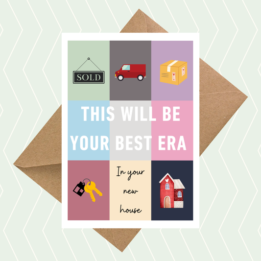Best Era new home card with house, moving van, keys and moving box illustrations