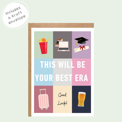 A graduation-themed greeting card with a kraft envelope, featuring a 3x2 grid of colorful icons and the text 'THIS WILL BE YOUR BEST ERA' and 'Good Luck!'. A circular badge in the top-left says 'Includes a Kraft envelope'.