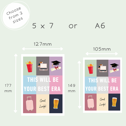 A size comparison graphic for custom square graduation stickers, showing two options: a smaller 5 x 7 inch size (127mm by 177mm) and a larger A6 size (105mm by 149mm). The stickers feature a colorful grid with graduation-themed illustrations like a laptop, cap and gown, suitcase, and beer glass, with the text 'THIS WILL BE YOUR BEST ERA' and 'Good Luck!'.