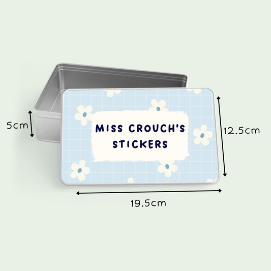 Blue personalised teacher stickers tin
