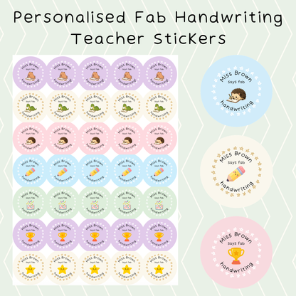 Personalised Fab Handwriting teacher reward stickers for primary school pupils, available in pink, blue, mint, purple and neutral.