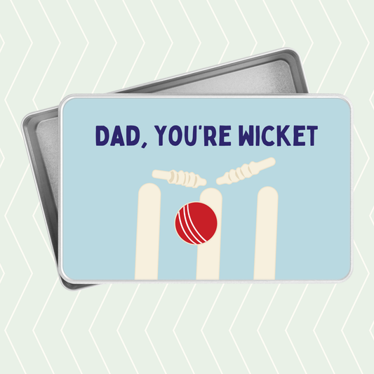 Funny cricket Dad tin with Dad You're Wicket design