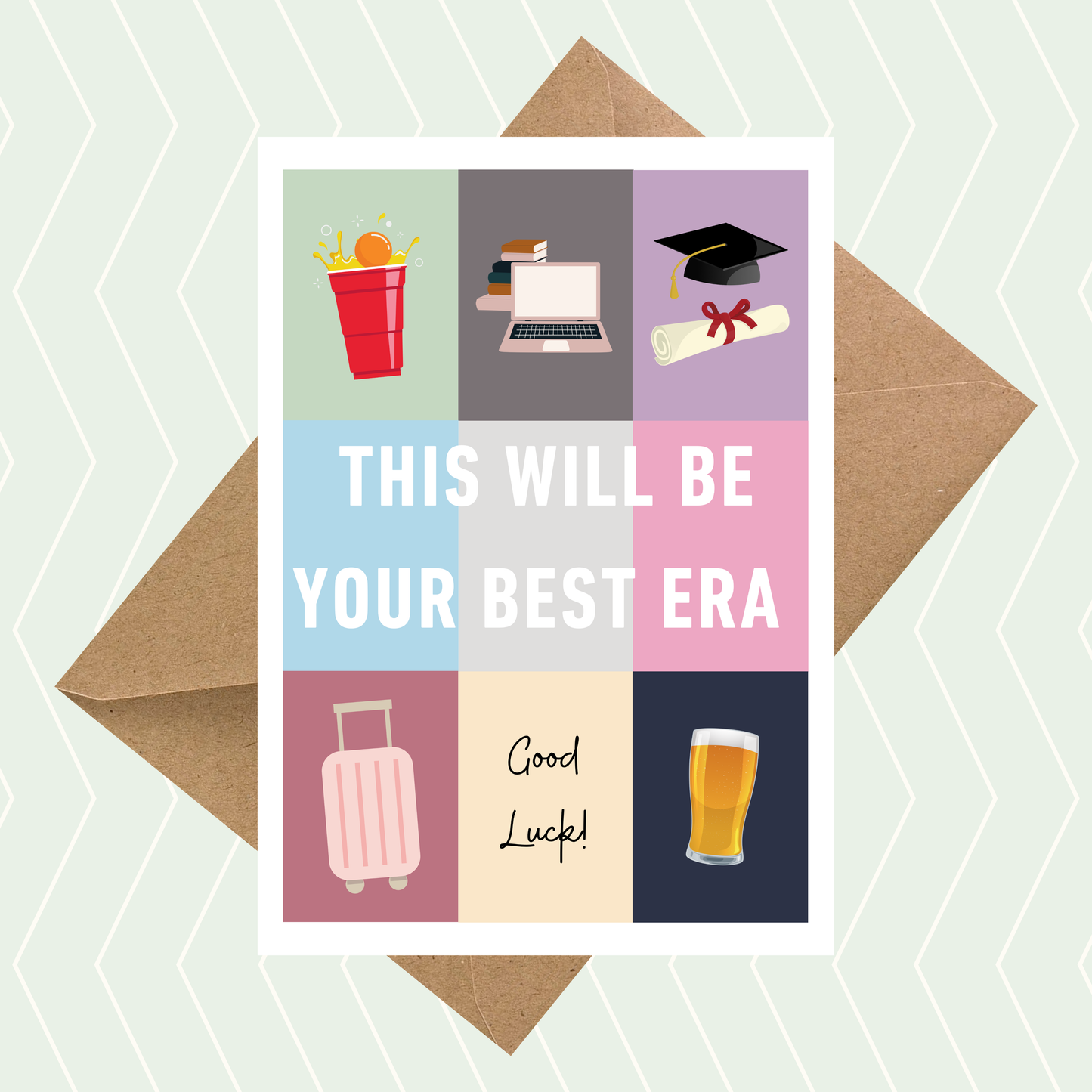 Good Luck at University card with laptop, books, graduation cap, suitcase and pint illustrations