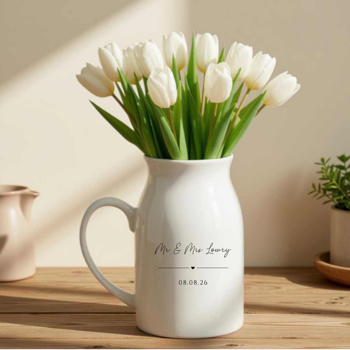 Personalised Mr and Mrs ceramic milk jug vase with custom wedding date, small wedding gift for newlyweds