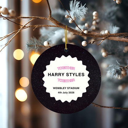 Personalised Harry Styles Together Together Tour Christmas decoration, double-sided aluminium concert keepsake with custom tour location and date.