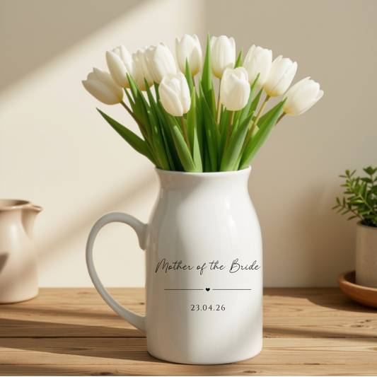 Personalised Mother of the Bride ceramic milk jug vase with wedding date, wedding thank-you gift for mum