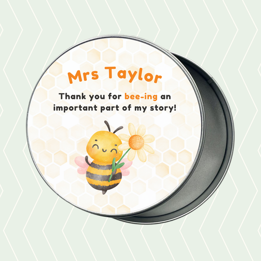 Personalised bee teacher thank you tin with honeycomb design