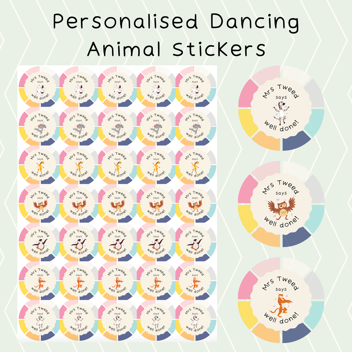 Personalised dancing animal teacher reward stickers
