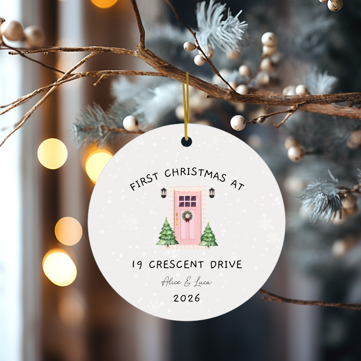 Personalised first Christmas in new home aluminium decoration with pink front door, house address, names and year