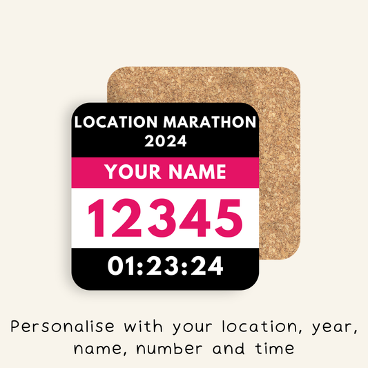 Personalised marathon coaster with runner's name and race details