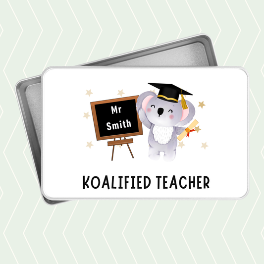 Personalised newly qualified teacher gift tin with koala design