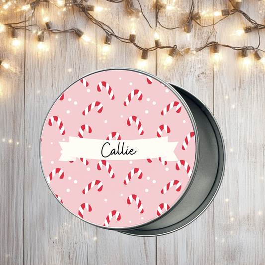 Personalised pink candy cane Christmas tin
