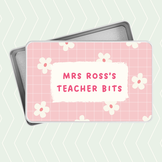 Personalised teacher bits tin with pink daisy design