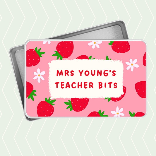 Personalised teacher bits tin with strawberry print design