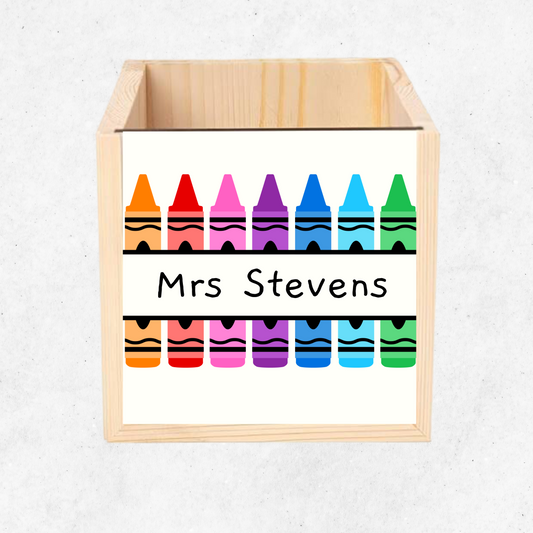 Personalised teacher pencil pot for pens and pencils with crayon design