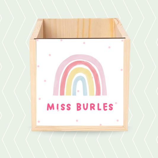 Personalised teacher pencil pot with pastel rainbow and pink polka dots