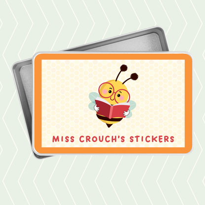 Personalised teacher stickers tin with bee reading a book