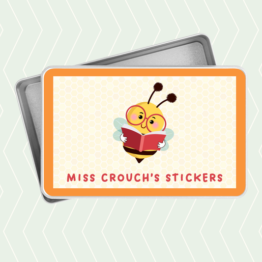 Personalised teacher stickers tin with bee reading a book