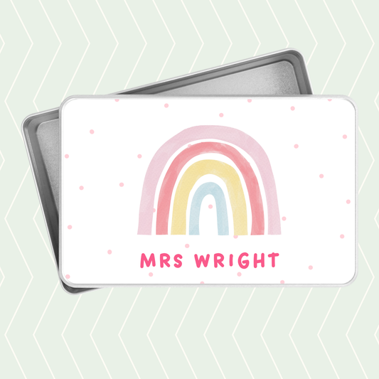 Personalised teacher tin with rainbow and pink polka dot design