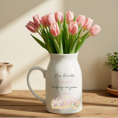 Personalised ceramic teacher vase with floral Thank You for Helping Me Grow design, teacher name and child's name