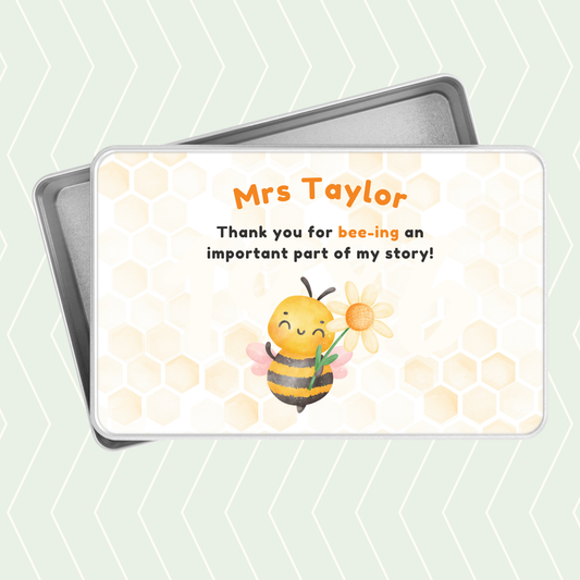 Personalised bee teacher thank you tin with honeycomb design