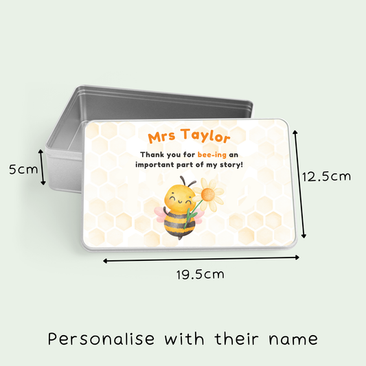 Personalised teacher thank you gift tin with bee design