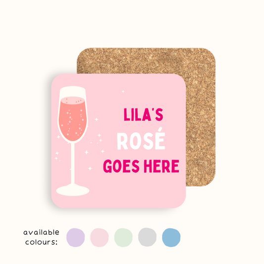 Personalised Rose Goes Here drinks coaster with custom name, glossy finish and cork backing, available in five colour options.